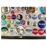 Vintage Collection Of Political Buttons In Glass Front Display Case