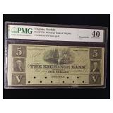 $5 Note 1857-58 Exchange Bank of Virginia  40 Extremely Fine  PMG Paper Money Gurarantee - TAX EXEMPT