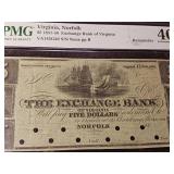 $5 Note 1857-58 Exchange Bank of Virginia  40 Extremely Fine  PMG Paper Money Gurarantee - TAX EXEMPT
