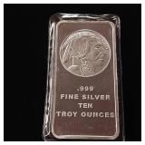 10 Ounce Silver Bar  Buffalo Head - .999 Pure Silver  Tax Exempt