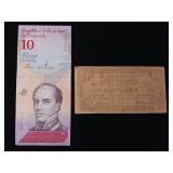 2018 Venezuela Banco Central 10 Bolivares uncirculated plus a 1942 Philippines Emergency Currency (used condition) Ten Centavos - TAX EXEMPT