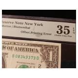 Offset Printing Error  1977 Federal Reserve Note New York  Grade 35 EPQ Choice Very Fine  PMG Paper Money Guarantee - TAX EXEMPT