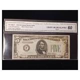 Crisp Uncirculated Mule 1934 $5 Federal Reserve Note  Grade 60  - TAX EXEMPT