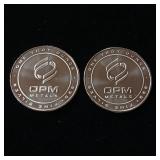2 Uncirculated Bullion Coins  2 troy ounces total  OPM Metals  .999% silver tax exempt -  Made in the USA