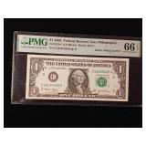 2003 Federal Reserve $1 Note Philadelphia  66 EPQ Gem Uncirculated  PMG Paper Money Guarantee  Radar Serial Number  - TAX EXEMPT