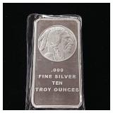 10 Ounce Silver Bar  Buffalo Head - .999 Pure Silver  Tax Exempt
