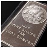 10 Ounce Silver Bar  Buffalo Head - .999 Pure Silver  Tax Exempt