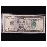 Fancy $5 Federal Reserve Note  four zeroes  three ones  only 3 digits total of 12 - TAX EXEMPT