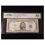 1953-A - $5 Dollar Silver Certificate  Gem Uncirculated Graded 65  PMG Paper Money Guarantee - TAX EXEMPT