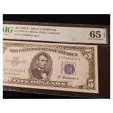 1953-A - $5 Dollar Silver Certificate  Gem Uncirculated Graded 65  PMG Paper Money Guarantee - TAX EXEMPT