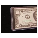 MISCUT (Look at left edge) - $10 1969 Federal Reserve Note  - TAX EXEMPT