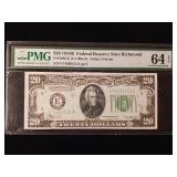 1934B $20 Federal Reserve Note Richmond  64 EPQ Choice Uncirculated  PMG Paper Money Guarantee  - TAX EXEMPT