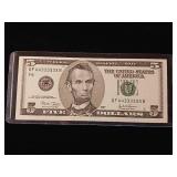 Fancy 3003 Five Dollar Federal Reserve Note  Serial # 44333333B - TAX EXEMPT