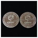 2 Uncirculated Bullion Coins  2 troy ounces total  OPM Metals  .999% silver tax exempt -  Made in the USA