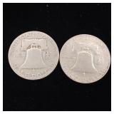 1954 90% Silver Franklin Half Dollars - 2 Coins Total  One Dollar Face Value  Tax Exempt Constitutional Currency