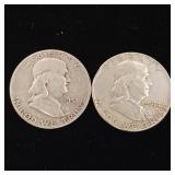 1954 90% Silver Franklin Half Dollars - 2 Coins Total  One Dollar Face Value  Tax Exempt Constitutional Currency