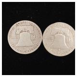 1954 90% Silver Franklin Half Dollars - 2 Coins Total  One Dollar Face Value  Tax Exempt Constitutional Currency