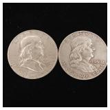 1959 90% Silver Franklin Half Dollars - 2 Coins Total  One Dollar Face Value  Tax Exempt Constitutional Currency