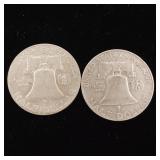 1959 90% Silver Franklin Half Dollars - 2 Coins Total  One Dollar Face Value  Tax Exempt Constitutional Currency