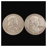 1959 90% Silver Franklin Half Dollars - 2 Coins Total  One Dollar Face Value  Tax Exempt Constitutional Currency
