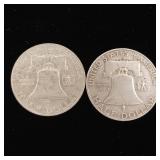1959 90% Silver Franklin Half Dollars - 2 Coins Total  One Dollar Face Value  Tax Exempt Constitutional Currency