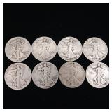 Large Lot of Misc. Years 90% Silver Walking Liberty Half Dollars - 8 Coins Total  Four Dollars Face Value  Tax Exempt Constitutional Currency