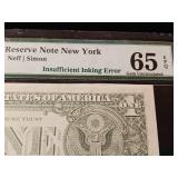 ERROR!  Insufficient Inking of First Print  PMG 65 - $1 FRN Series 1974  Tax Exempt