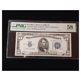 1934A - $5 Dollar Silver Certificate  58 Choice about Uncirculated -  PMG Paper Money Guarantee - TAX EXEMPT  Blue Seal