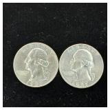 2 shiny bright 1957 90% Silver Washington Quarters  2 Coins Total   Tax Exempt Constitutional Currency