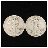 1943 90% Silver Walking Liberty Half Dollars - 2 Coins Total  One Dollar Face Value  Tax Exempt Constitutional Currency
