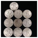 Large Lot mixed years 90% Silver Walking Liberty Half Dollars - 10 Coins Total  5 Dollars Face Value  Tax Exempt Constitutional Currency