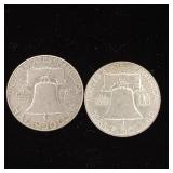 1960 90% Silver Franklin Half Dollars - 2 Coins Total  One Dollar Face Value  Tax Exempt Constitutional Currency