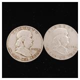 1950 90% Silver Franklin Half Dollars - 2 Coins Total  One Dollar Face Value  Tax Exempt Constitutional Currency
