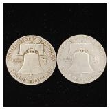 1950 90% Silver Franklin Half Dollars - 2 Coins Total  One Dollar Face Value  Tax Exempt Constitutional Currency