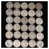Lot of 90% Pre-1965 Silver Dimes - 30 Coins Total  3 Dollar Face Value  Tax Exempt Constitutional Currency  Roos Merc Barb