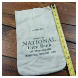 5 Inch by 13 inch canvas money bag:  National City Bank of Minneapolis 55401