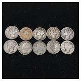 Lot of 10 90% Silver Mercury Dimes Mixed Years  Tax Exempt