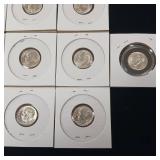 Lot of 1959 Bright and Shiny detailed 90% Silver Roosevelt Dimes  10 coins total in protective sleeves  1 dollar face value  tax exempt