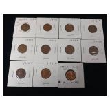Large Lot of mixed years Lincoln Wheat Pennies  including 1955 Proof quality  11 coins total  tax exempt