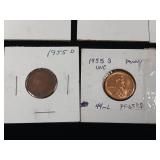 Large Lot of mixed years Lincoln Wheat Pennies  including 1955 Proof quality  11 coins total  tax exempt
