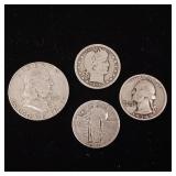 Lot of 4 90% Silver Coins  Tax Exempt  Standing Liberty Quarter  1934 Washington Quarter  Barber 1915 Quarter  1961 Franklin Half Dollar