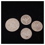Lot of 4 90% Silver Coins  Tax Exempt  Standing Liberty Quarter  1934 Washington Quarter  Barber 1915 Quarter  1961 Franklin Half Dollar
