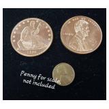 Copper 1 ounce Bullion minted 2017  2 Total Coins one ounce each  Lincoln and Seated Liberty  Taxable