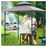 8 ft. x 5 ft. Gray Outdoor BBQ Barbecue Grill Metal Frame Tent Gazebo with 2 Side Shelves and 10 Hooks