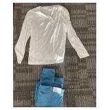 SERRA Fleece-Lined Leggings XL & White Button-Front Blouse L