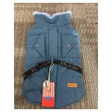 Space Lion Dog Coat - Large Blue Puffer with Fur Trim & Harness Strap