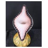 Ezra Glass Vase - Hand-Blown Art Glass, Yellow Swirl Body, Pink Ruffled Lip