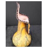 Ezra Glass Vase - Hand-Blown Art Glass, Yellow Swirl Body, Pink Ruffled Lip