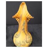 Ezra Glass Vase - Hand-Blown Art Glass, Yellow Swirl Body, Pink Ruffled Lip