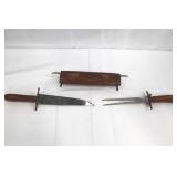 Antique Forked Dagger with Carved Wood Grip & Matching Scabbard